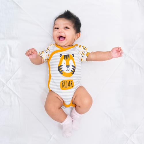 Keebee Organic Cotton Tiger Printed Kimono Onesie Romper - 0-3 months