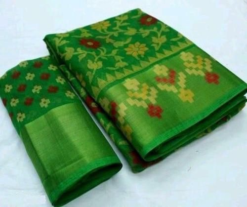 Ditya Fashion Women Green Floral Print Cotton Linen Ikkat Saree