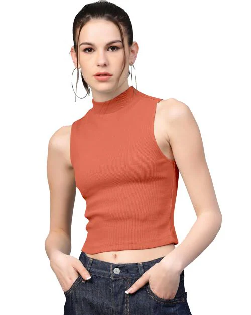 UNIKKART Orange Crop Top For Women High Neck Ribbed Sleeveless Tank Crop Top L