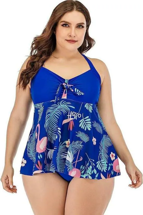 Plus Curvves Plus Size Halter Neck Print Top Split Swimwear with Bottom Blue - 8XL