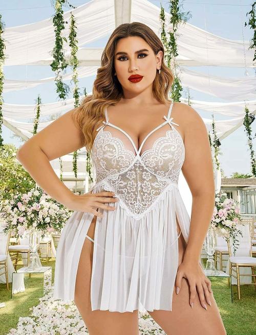 FASHION BONES Women's Plus Size Lingerie Set For Women | Babydoll Dress Lace Strap Chemise Nightgown V Neck Nighty Mesh Sleepwear Side Slit Nightdress with G-Sting Panty | Baby Doll Dress (White)(3XL)