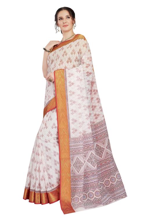 RANI SAAHIBA Women's Poly Cotton Printed Saree With Blouse Piece (SKR7203_White)