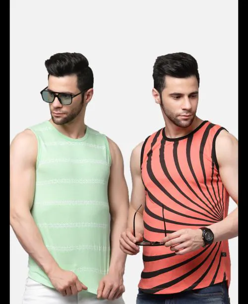 Rigo Men Combo of Light Green and Orange Printed Vest T-shirts