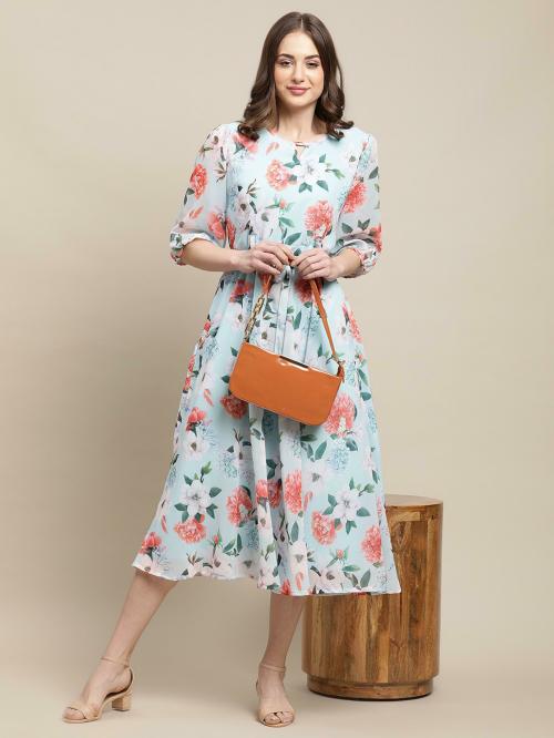 Fabflee Women Green Printed Chiffon A-line Dress (Green) | Dresses| Women Dress| Party Dress| Maxi| Western Dress| Printed Gown| midi dresses| Dress for Women| Maxi Dress for women