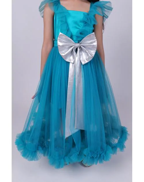 PICCO RICCO Girls Turquoise Net & Satin Butterfly Dress Sleeveless Flair for Festive ,Birthday Collection|Size-11-12 Y