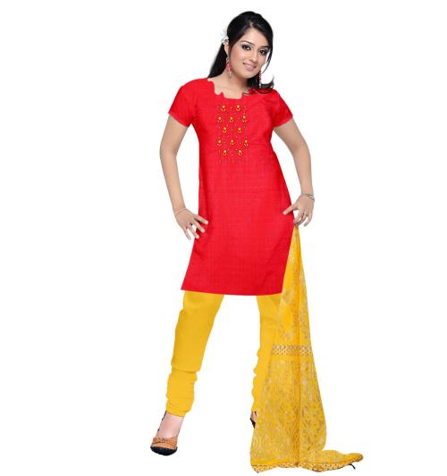 Jheenu Women's Red Banarsi Silk Embroidered Unstitched Dress Material