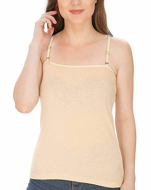 KEX Women's Beige Adusjustable Cotton Camisole Strap Sphagetti for Women/Girls Top Camisol