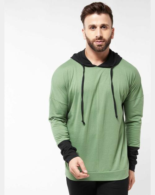 Gritstones Men Moss Green and Black Color Hooded Colorblock Oversize Drop Shoulder Cotton T-Shirt