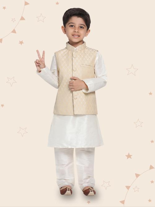 Vastramay Boys' Cream Silk Blend Jacket, Kurta and Pyjama Set