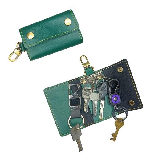 Giftana Vegan Leather Key Case Pouch with 6 Key Hooks, Metal Buckle with Button Closure, Leather Key Case Pouch Wallet Keychain Card Holder for Men and Women, Key Holder Pouch Key Ring (Green)