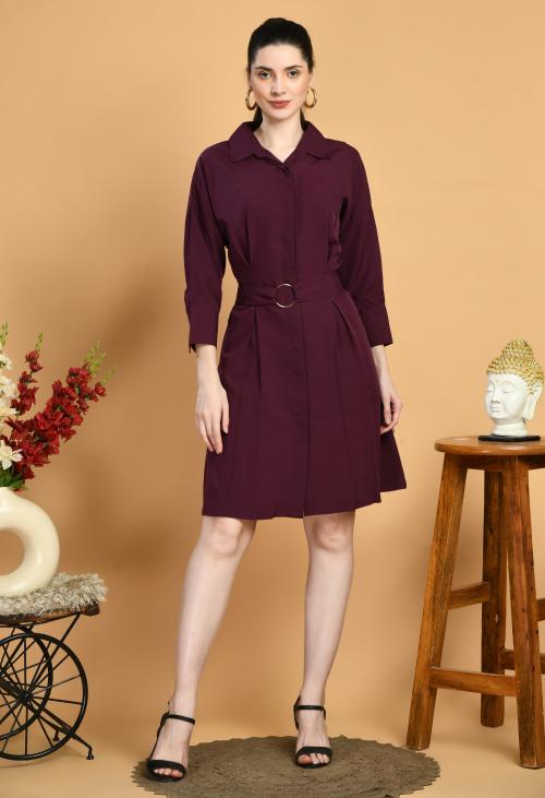 Elanmate Women Polyster Wine Color Solid Shirt Coller Dress | Women Dress | Dresses for Women