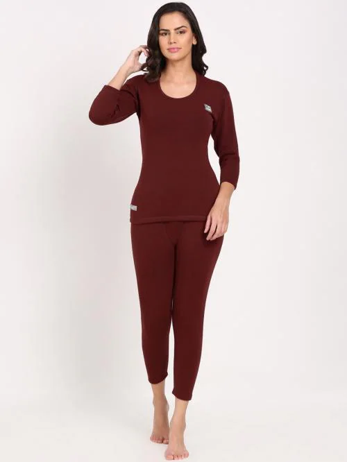 OOSHIN UK Women Maroon Full Sleeve Thermal Signature Set (Upper+Lower) Size L