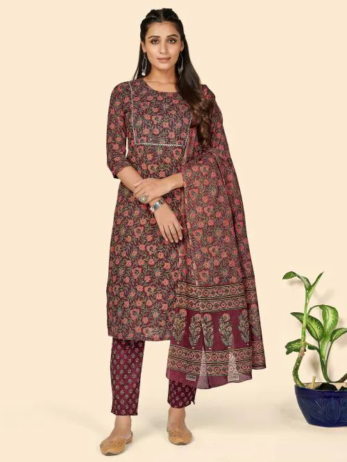 Vbuyz Women'S Print & Sequience Straight Cotton Purple Stitched Kurta Pant With Dupatta