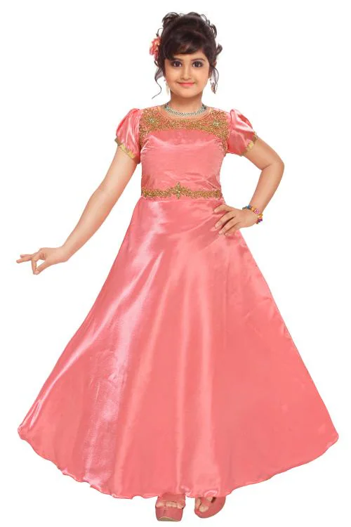 DAWINAR Beautiful Soft Satin Fabric Traditional Hand Work Gown Dress for Girls