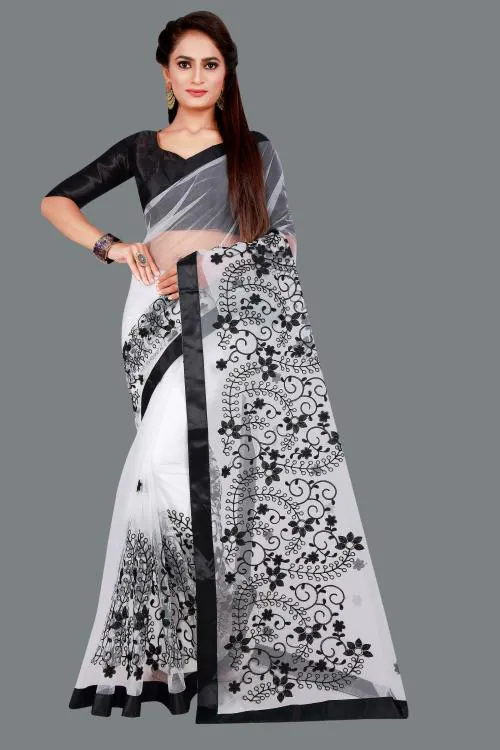 HETIOM Women White Embroidered Net Saree