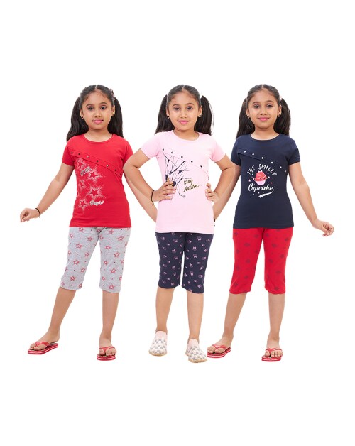 MSP COLOURKIDS Girls Printed T-shirts & Capri sets Combo Of 3