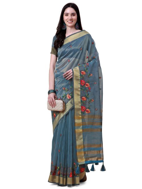 Rekha Maniyar Pure linen Blue Color Embroidered Saree for Women