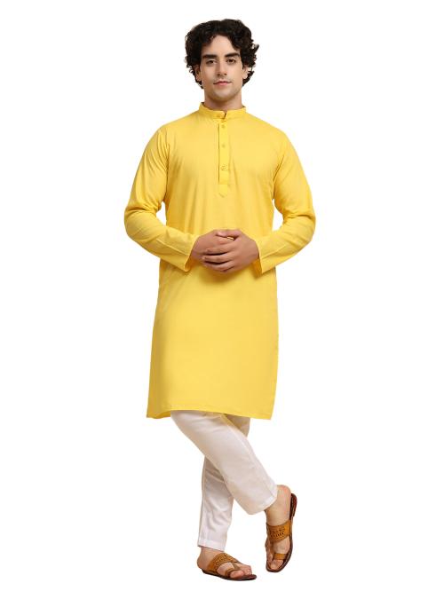 SKAVIJ Men's Tunic Cotton Kurta Pajama Indian Yoga Casual Dress Set (X-Large, Gold)