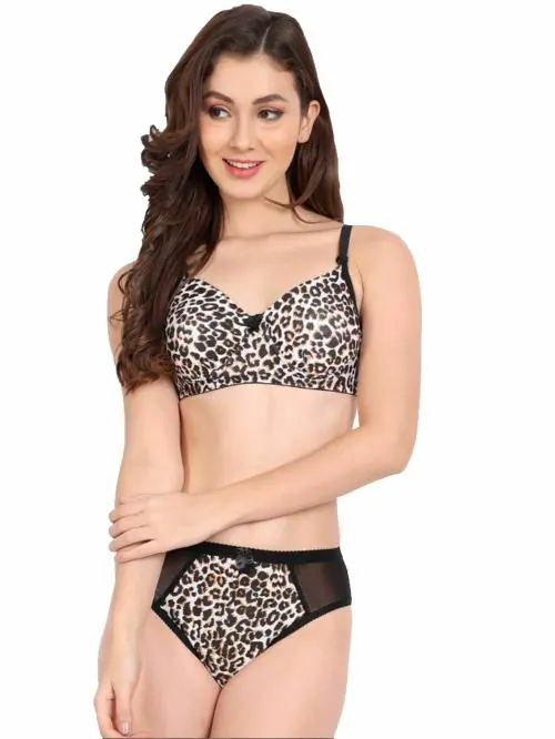 N-KUWARI Women Lycra Stretchable Tiger Print Non Wired Full Coverage Lingerie Set (30B)