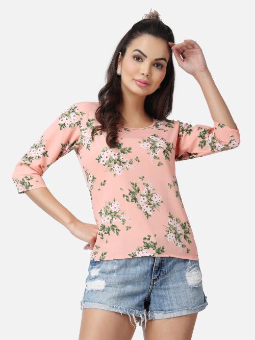 Buy Pepfit Casual Polyester Crape Solid Women Floral Printed Top! Regular Relaxed Round Neck