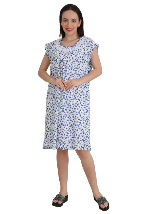 REDGLO Knee Length Relaxed Fit Cotton Night Dress Short Nighty/Printed Nightwear/Night Gown/Comfortable Midi for Women/Girls-Blue-Cherry