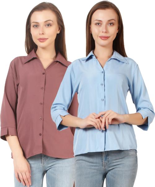 HUNOOR Womens Multicolor Solid Crepe Pack of 2 Formal Shirt l women shirt l casual shirt for women