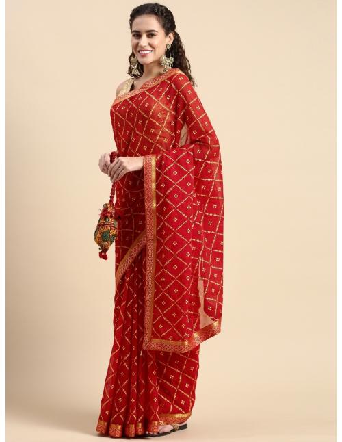 Indian Women Women ZomatoBandhani Foil Work Red Color Saree With Blouse Piece||Saree ||Saree forwomen||Wedding Saree||Festive Saree