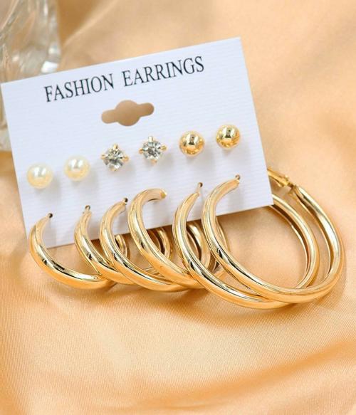 Vembley Combo 6 Pair Fashion Gold Plated Pearl Hoop and Stud Earrings