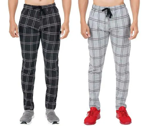 SANRIGHT Men Black, Steel Grey Checkered Cotton Pack Of 2 Track Pants (XL)