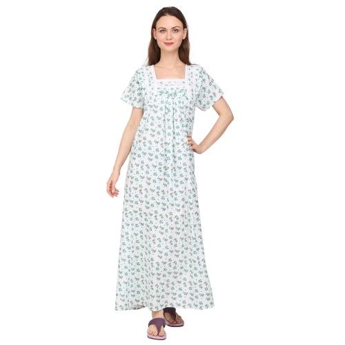 REDGLO Cotton Printed Full Length Women's Nightwear & Night Gown/ Nighty /Maxi/Green