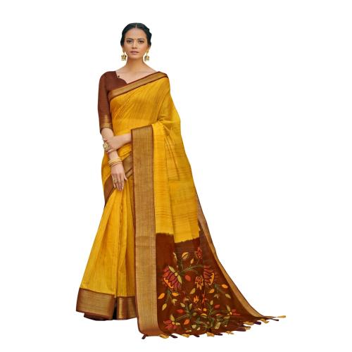 Triveni Yellow Solid Cotton Saree With Blouse Piece