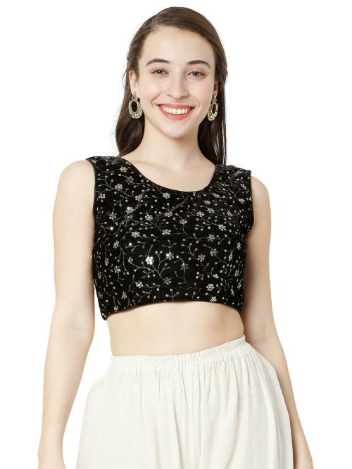 Salwar Studio Women's Black Velvet Readymade Free Size Saree Blouse