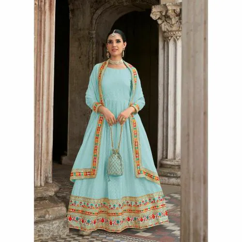 KREATAGHNA COLLECTION Women's Georgette Multi Thread Resham Embroidery With Sequin Embroidery Work Finish ANARKALI Suit Dress Material (Blue)