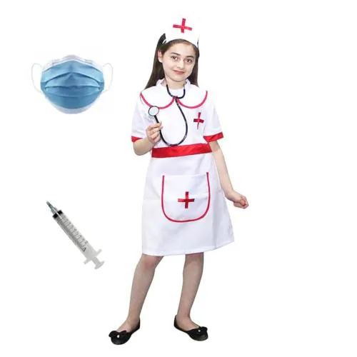 Kaku Fancy Dresses Our Community Helper Nurse Costume For Kids | Nurse White Frock And Cap With Stethoscope For Girls -7-8 Years