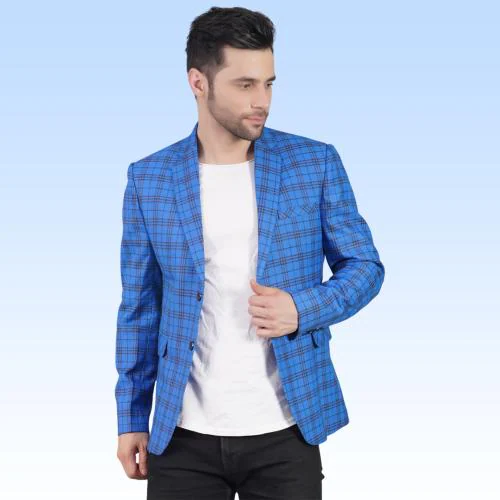 UBIC Checkered Single Breasted Formal, Casual, Party Men Blazer (Blue)