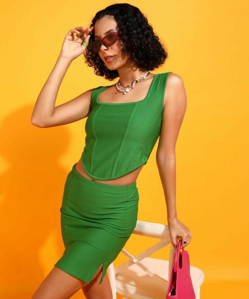Popwings Women Casual Green Crop Top & Skirt Co-Ords Set | Top and Bottom Set | Mini Skirt With Top Set | Sleeveless Crop Top and Mini Skirt Set | Trendy Top and Bottom Set