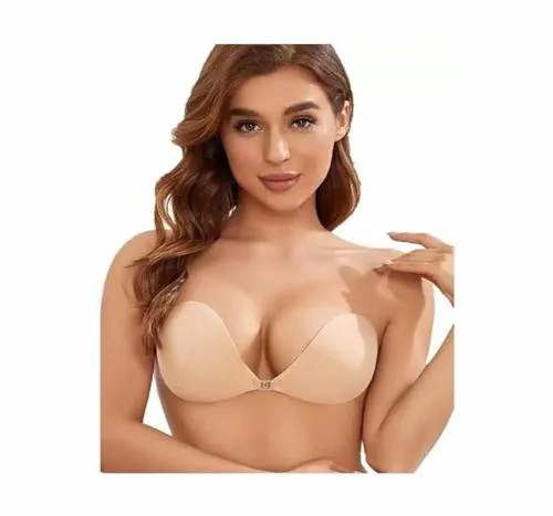 Geonix 1 Pair Silicone Wire Free Stick-On Bra Padded Adhesive Bra Strapless Silicone Invisible Push Up Reusable Self Sticky Bra for Backless Dress Stick on Bra - V Shape