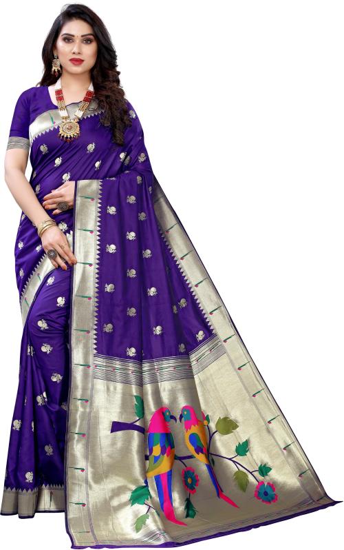 PANZORA Women Gold and Blue Floral Print Art Silk Paithani Saree with Unstitched Blouse Piece