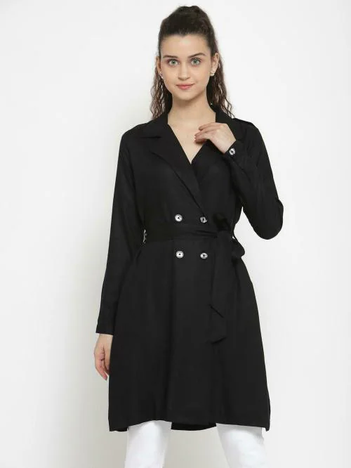 Style Quotient Women Black Solid Double-Breasted Trench Coat