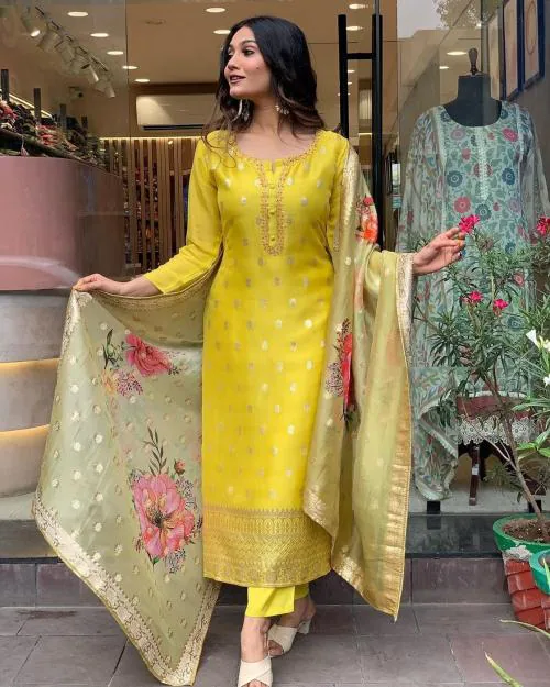 Growdamy Women Heavy Embroidered Yellow Viscose Orgenza Jacquard kurta set (XXL)