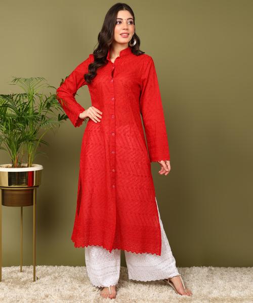 Edyssa Women Full Sleeve Chikankari Embroidery Red And White Cotton Casual Mandarin Collar Kurta And Palazzo Ethenic Set(ED-136-RED)
