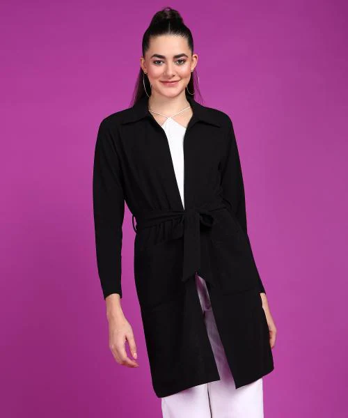 Popwings Women Casual Black Solid Belt Closure Long Shrug | Trendy Shrug | Stylish Shrug | New Design Shrug