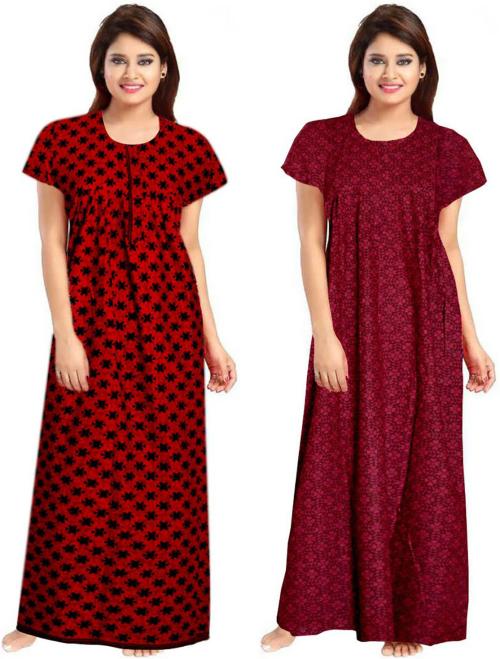 Averill Women's Maroon Printed Cotton (Pack of 2) Nighty Set