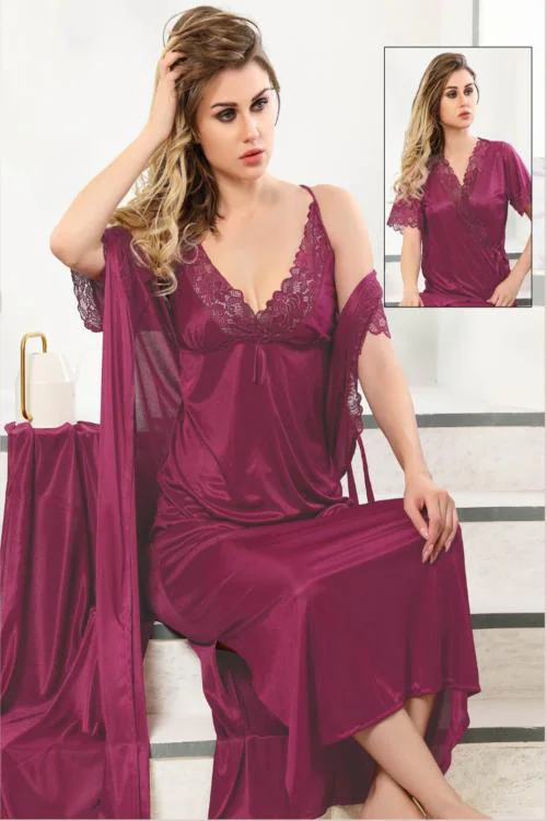 Aprozone Solid Silk Fabric Raani colored Bridal Nighty