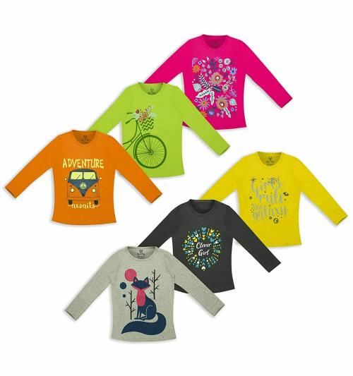 PIP N PAP Girls Multicolor Cotton T-Shirt (Pack of 6)
