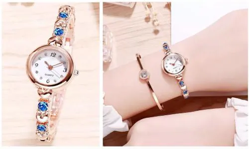 Acnos Brand Exclusive Black Diamond Studded Rose Gold Exclusive Blue Diamond Studded Rose Gold Bracelet Chain Girls Watch For Women Analog Watch For Women