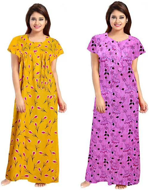 Averill Women's Multicolor Printed Cotton (Pack of 2) Nighty Set