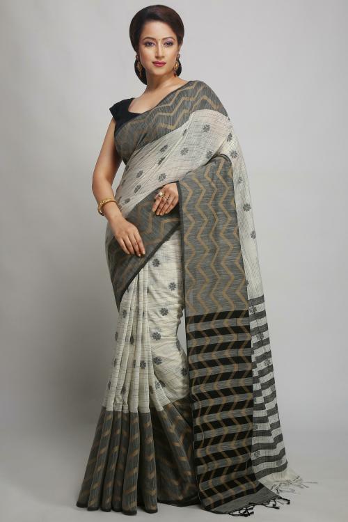 WoodenTant Women White Woven Design Pure Cotton Saree