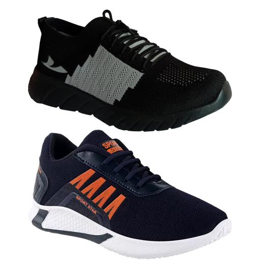 SFR Modern & Trendy Collection Combo Pack of 02 Sporty Casual Sneakers Outdoor Running Walking Black, Blue & Orange Shoes for Men's