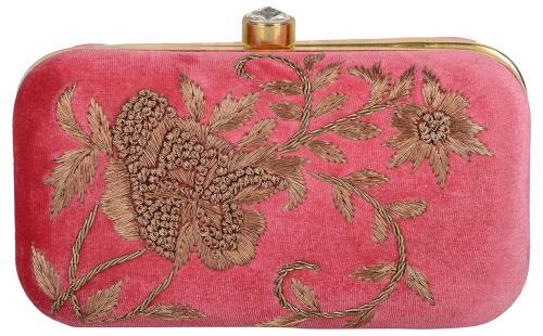 Tooba Handicraft Pink Women Designer Clutch Bag With Chain Strap